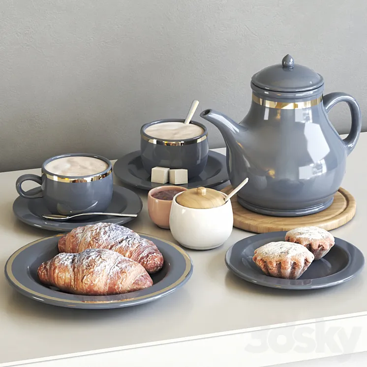 Tea set with croissant and muffin 3DS Max