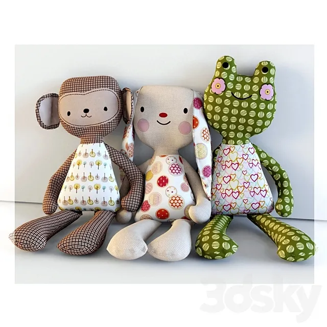 Textile toys: monkey hare frog 3DS Max Model