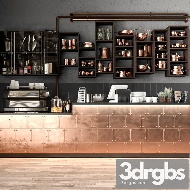 The Bar Counter In The Restaurant With A Copper Decor and A Coffee Machine Tableware 3dsmax Download