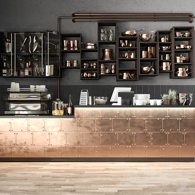 The bar counter in the restaurant with a copper decor and a coffee machine. Tableware 3DSMax File