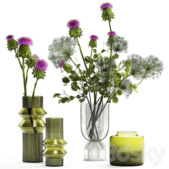 The collection is a decorative set of bouquets in modern glass green vases with thorn branches thistle hogweed leaves. Set 290. 3ds Max