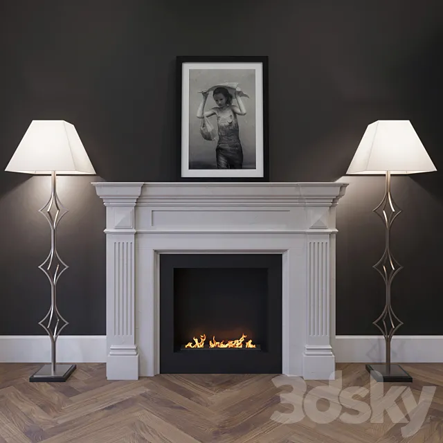 The fireplace is marble with a biotope floor lamps and a picture. 3DS Max Model