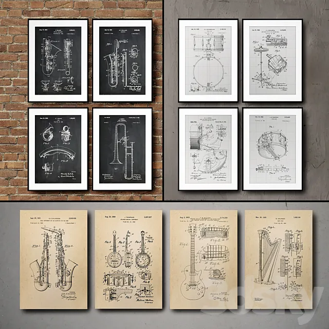 The picture in the frame. 115. Collection of Musical Instruments 3DSMax File