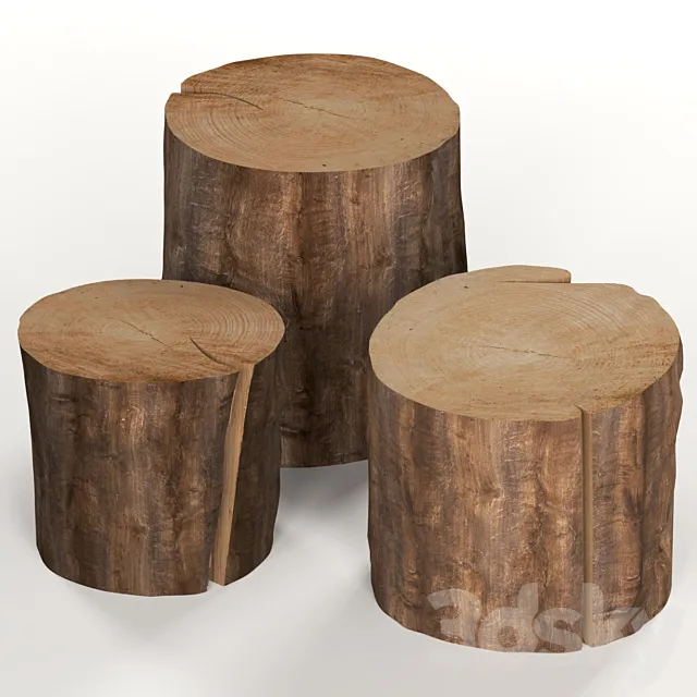 Three dark coffee table stumps. 3ds Max