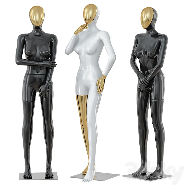 Three female mannequin with a golden face 41 3DS Max