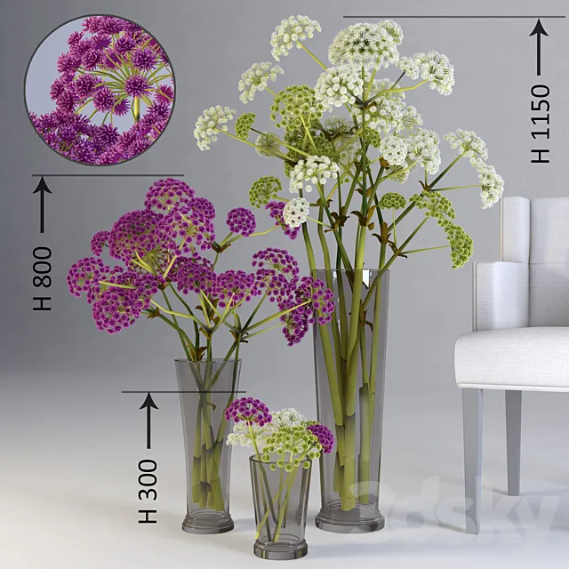 Three floral compositions of different heights 3DSMax File