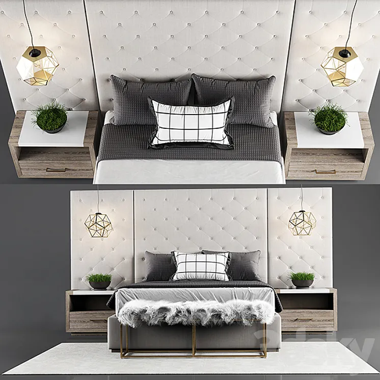 Thyne Upholstered Queen Bed With Wall Panels 3DS Max