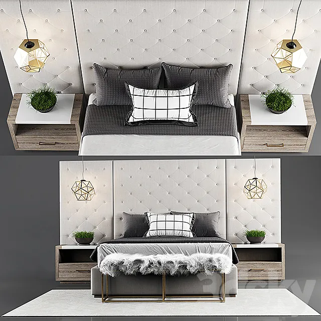 Thyne Upholstered Queen Bed With Wall Panels 3DSMax File