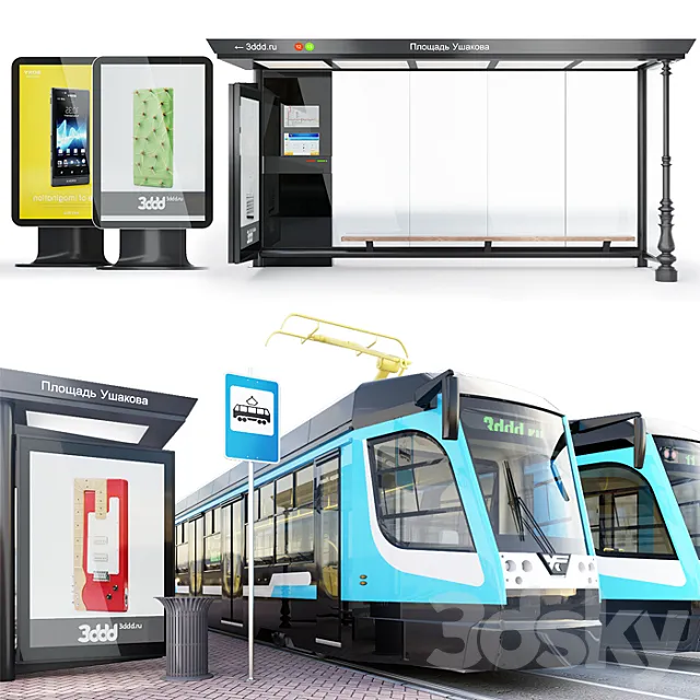 Tram car series -71-623 Russia \ Modern stop + environment. 3DS Max Model