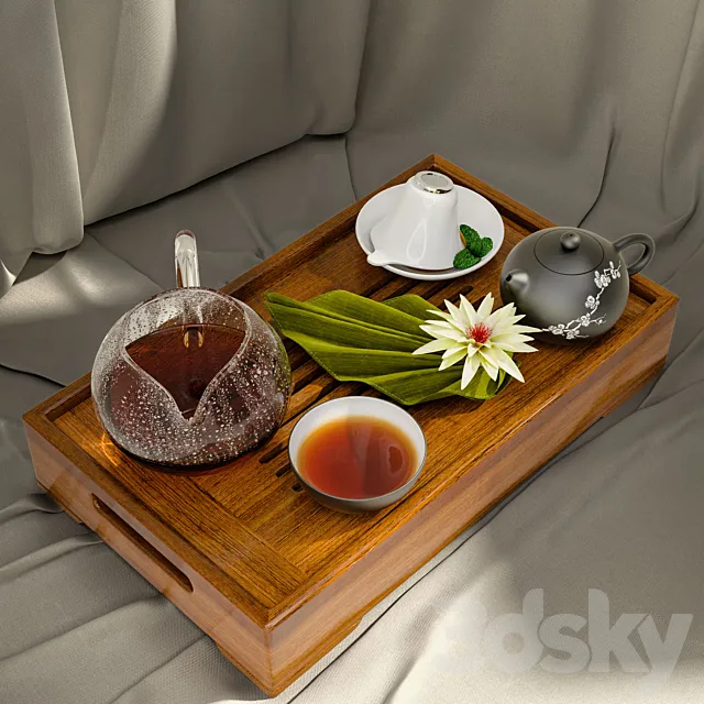 Tray with tea napkins mint leaves and lily 3DS Max Model