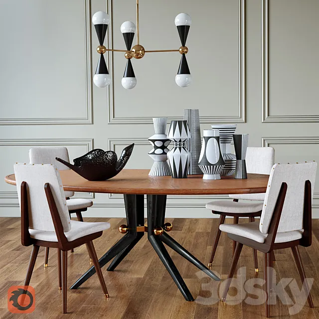 Trocadero wood dining table Camille dinning chair Caracas Six-light chandelier Vases Flying bird 3ds Max