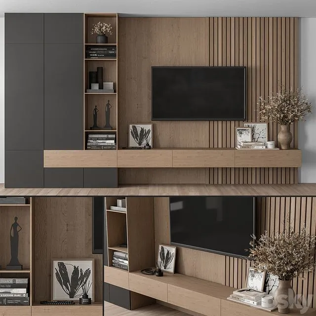 TV Wall Black and Wood Set 35 3dsMax Model