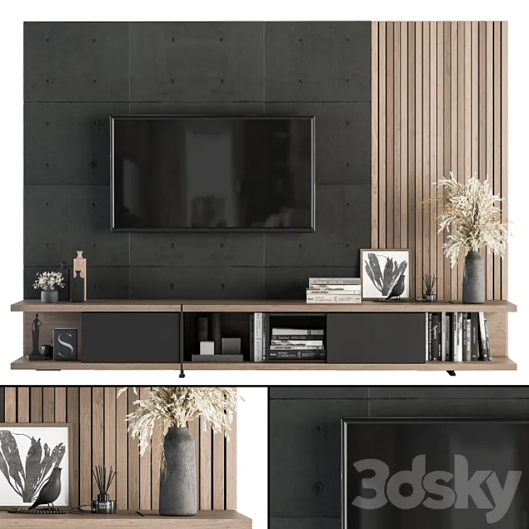 TV Wall Black Concrete and Wood – Set 10 3DS Max