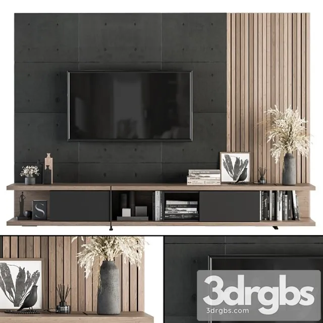 Tv wall black concrete and wood – set 10