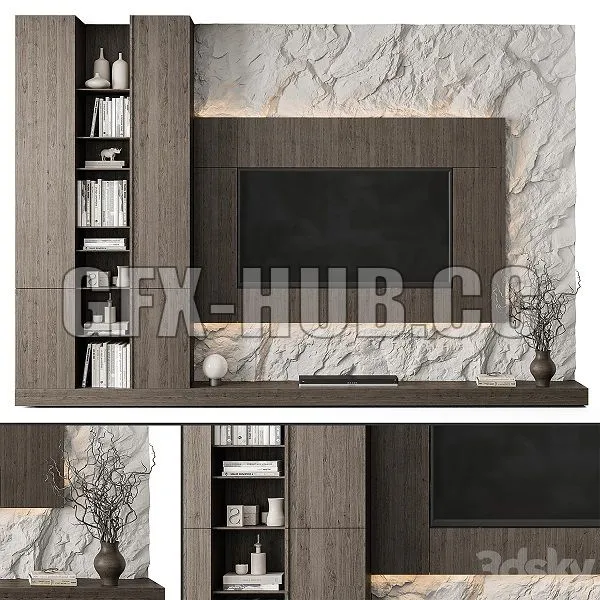 TV Wall Rock Wall and Wood Set 78 3dsMax Model