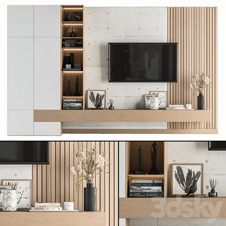 TV Wall White and Wood – Set 08 3DS Max