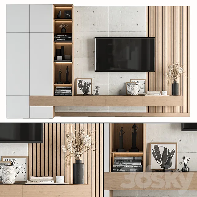 TV Wall White and Wood – Set 08 3DSMax File