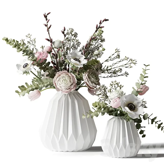 Two bouquets in white ribbed vases 3DSMax File