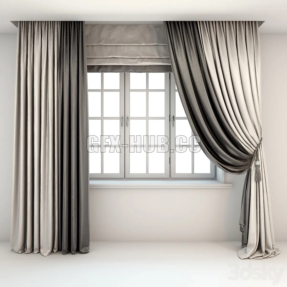 Two-color curtains the floor is straight and with a pick-up brush and Roman curtains and a window 3dsMax Model