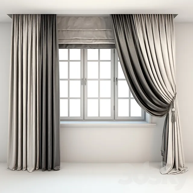 Two-color curtains the floor is straight and with a pick-up brush Roman curtains and a window 3DS Max Model