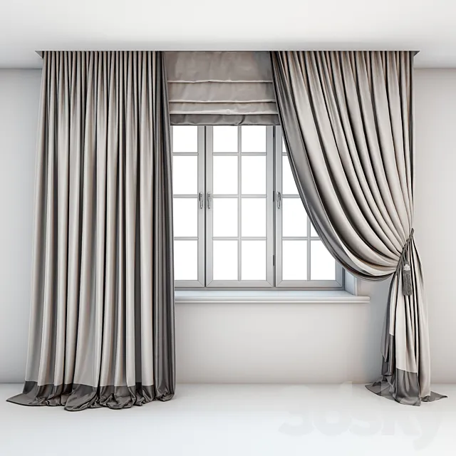 Two-color light curtains in the floor are straight and with a pick-up brush with a dark edging Roman curtains and a window with layouts. 3ds Max