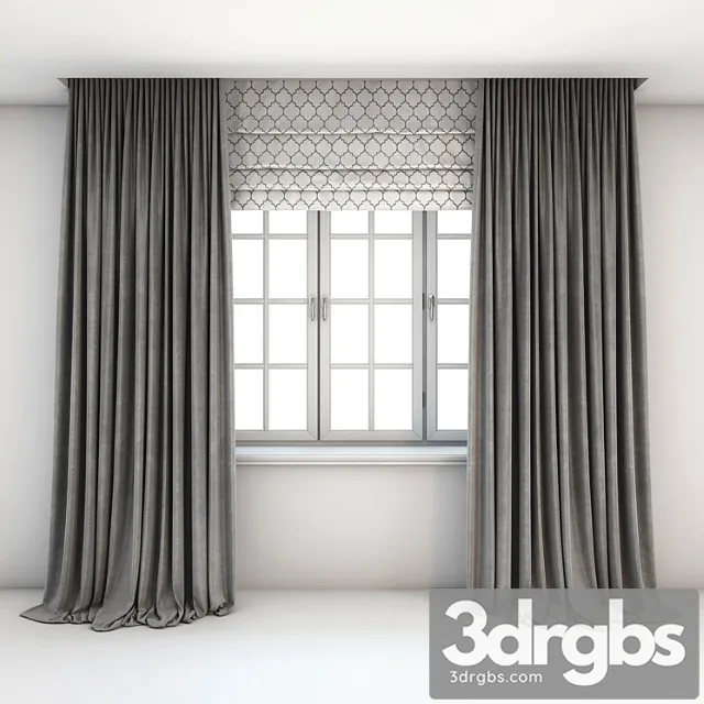 Two-color straight gray curtains in the floor roman curtains with a yarrow pattern and a window with layouts. 3dsmax Download