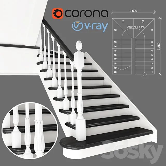 Two-staircase ladder with staggered steps 3 version 3DS Max Model