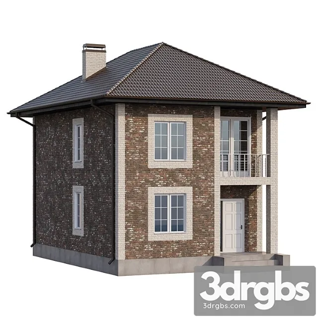 Two-storey brick house with a porch and a balcony – 4 colors 3dsmax Download