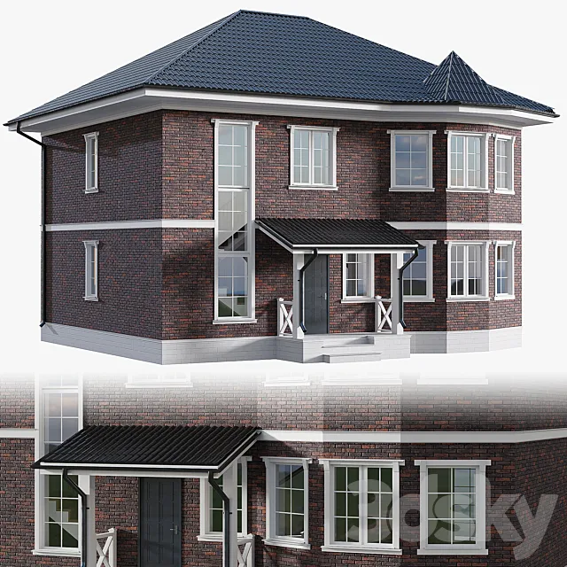 Two-storey cottage with a classical-style bay window with facade stucco molding 3ds Max