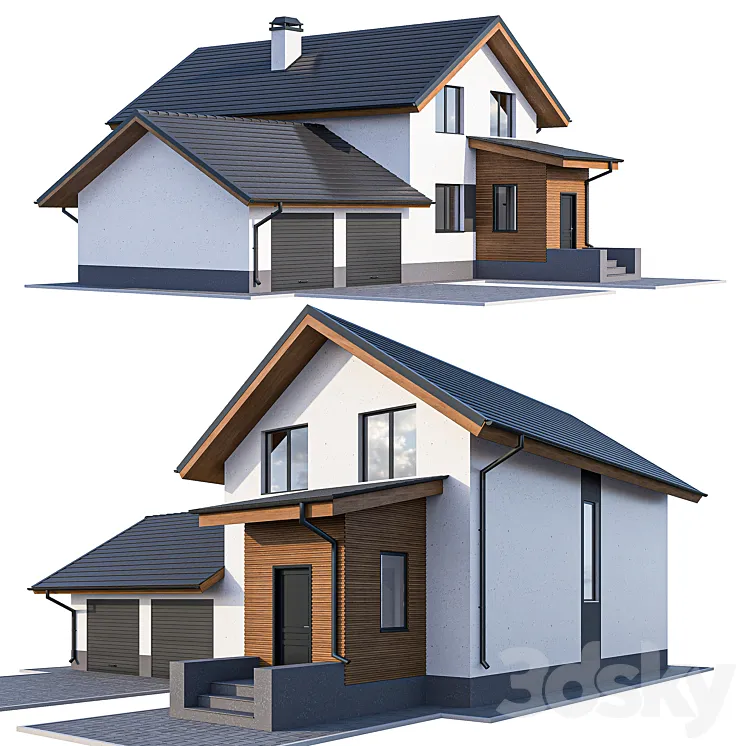 Two-storey cottage with a garage and a vestibule 3DS Max