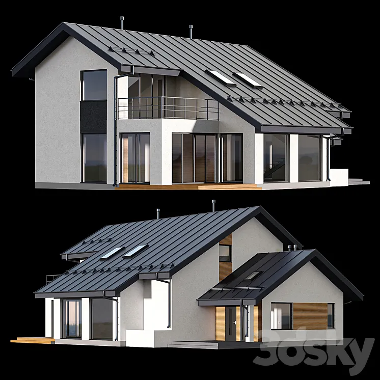 Two-storey cottage with click seam roof 3DS Max