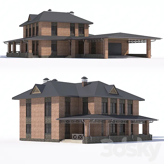 Two-storey country house with attached garage and a canopy 3ds Max