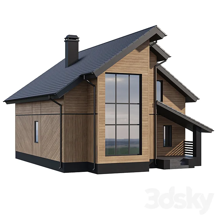 Two-storey wooden house with a complex pitched roof 3DS Max