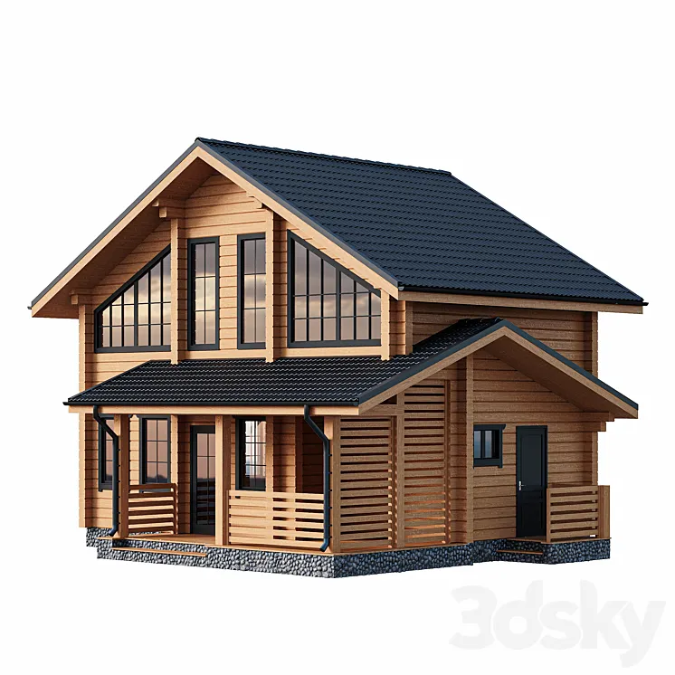 Two-storey wooden house with a porch 3DS Max