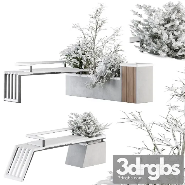 Urban furniture snowy bench with plants- set 33 3dsmax Download