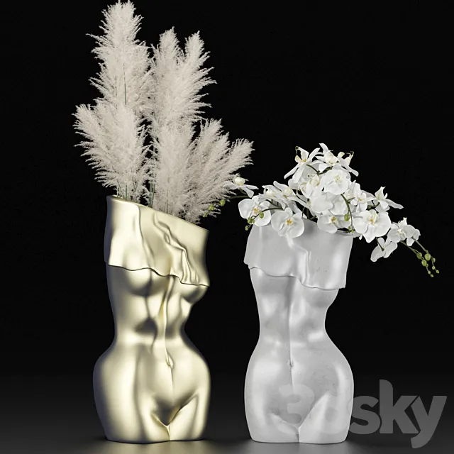 Vases in the form of a female body with bouquets of pampas grass and orchids 3DSMax File