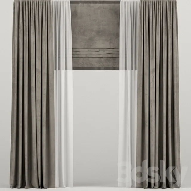 Velvet brown curtains with Roman and tulle. 3ds Max