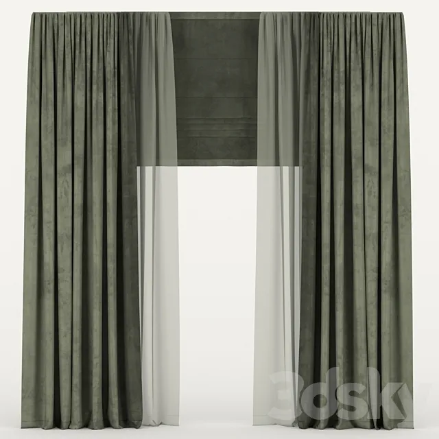 Velvet curtains with tulle and roman blind 3ds Max