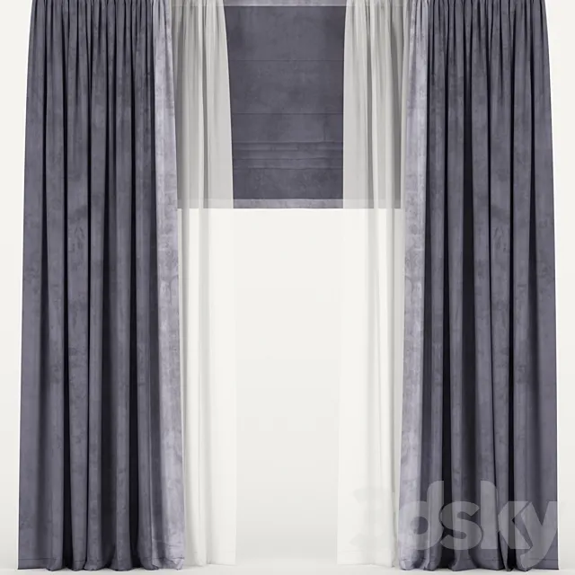 Velvet curtains with tulle and roman blinds. 3ds Max