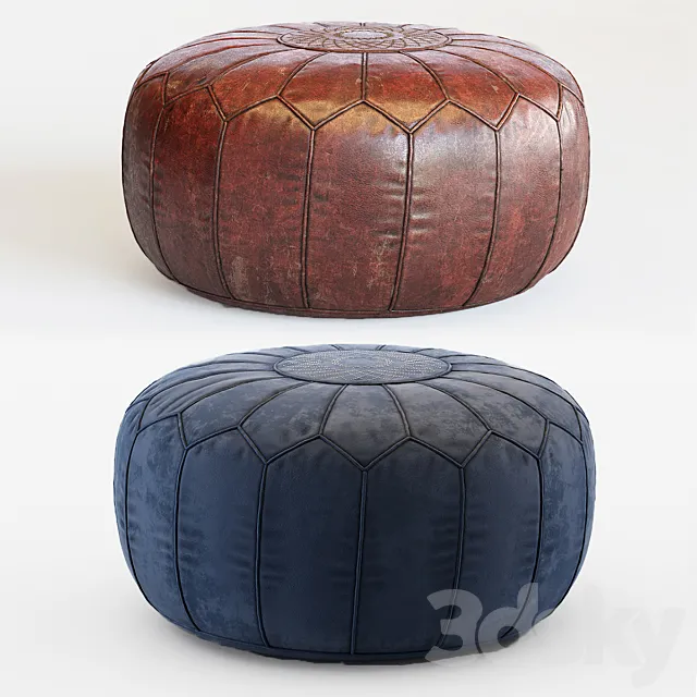 Vintage Round Moroccan Chocolate Brown Leather Pouf Hand Tooled In Marrakech 3DS Max Model