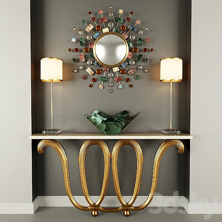 Wall Console Mirror Table lamp and vase 3DS Max