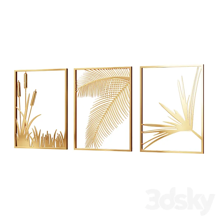 Wall Picture 3 Pieces Modern Gold Metal Wall Decor Plant Art with Rectangle Frame Wall Decor 3DS Max