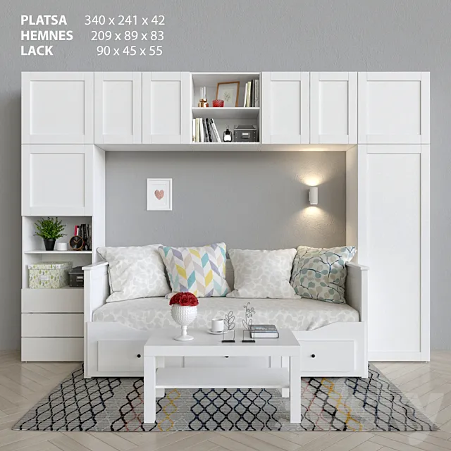Wardrobe. bed and table Ikea Platsa. Hemnes. Lack 3DSMax File