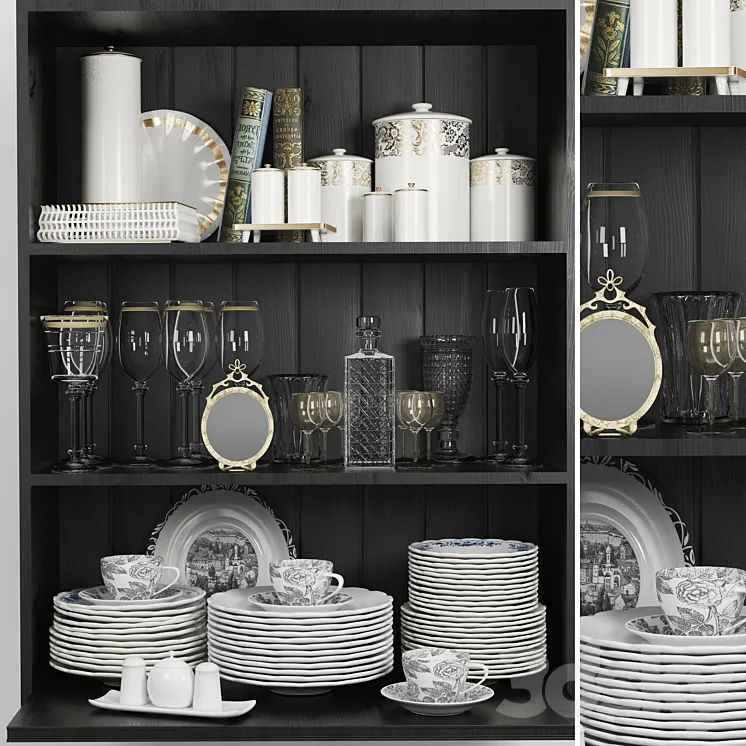 Wardrobe with a set of dishes and a crystal service in a classic style 3DS Max