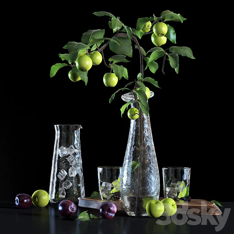 Water with lime and apple tree branch 3DS Max
