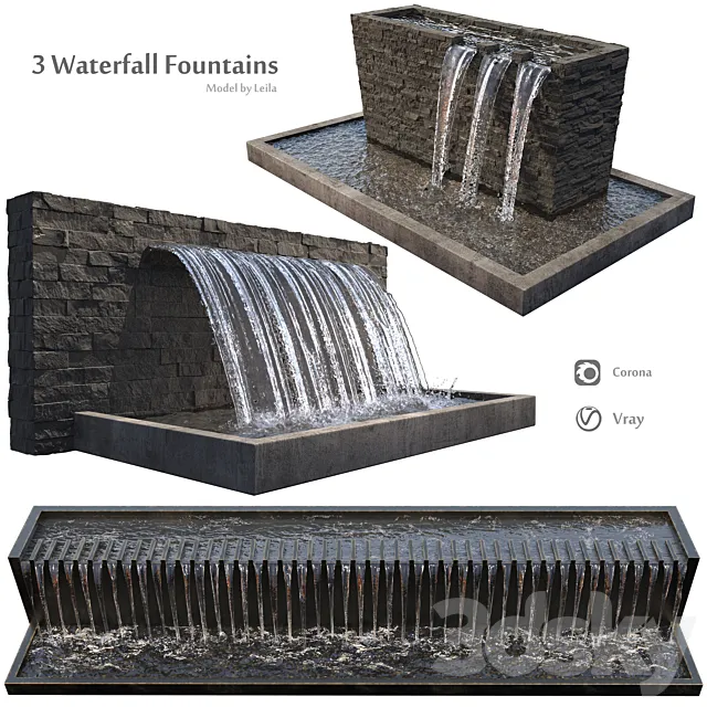 Waterfall fountains wide rock panel 3ds Max