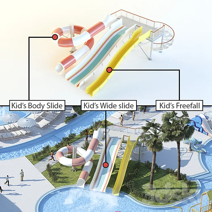 Waterslides: Kid's Body Slide Kid's Wide slide Kid's Freefall 3DS Max