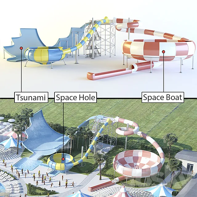 Waterslides: Tsunami. Space Hole. Space Boat. 3DSMax File