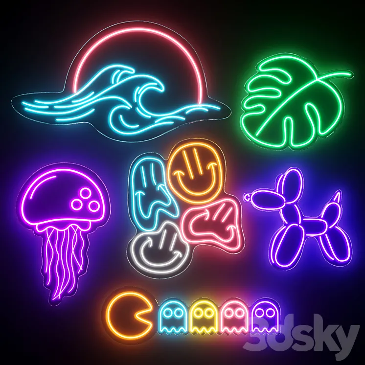 Wave|Monstera|Smile|Jellyfish|Pacman|Ballon Dog Neon Signs 3DS Max Model
