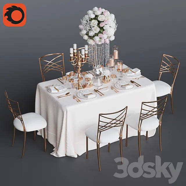 Wedding table for 6 persons 3 Corona 3DS Max Model